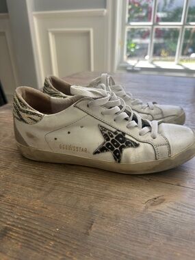 Golden Goose White Leather Sneakers with Leopard Star Detail and Gold Heel